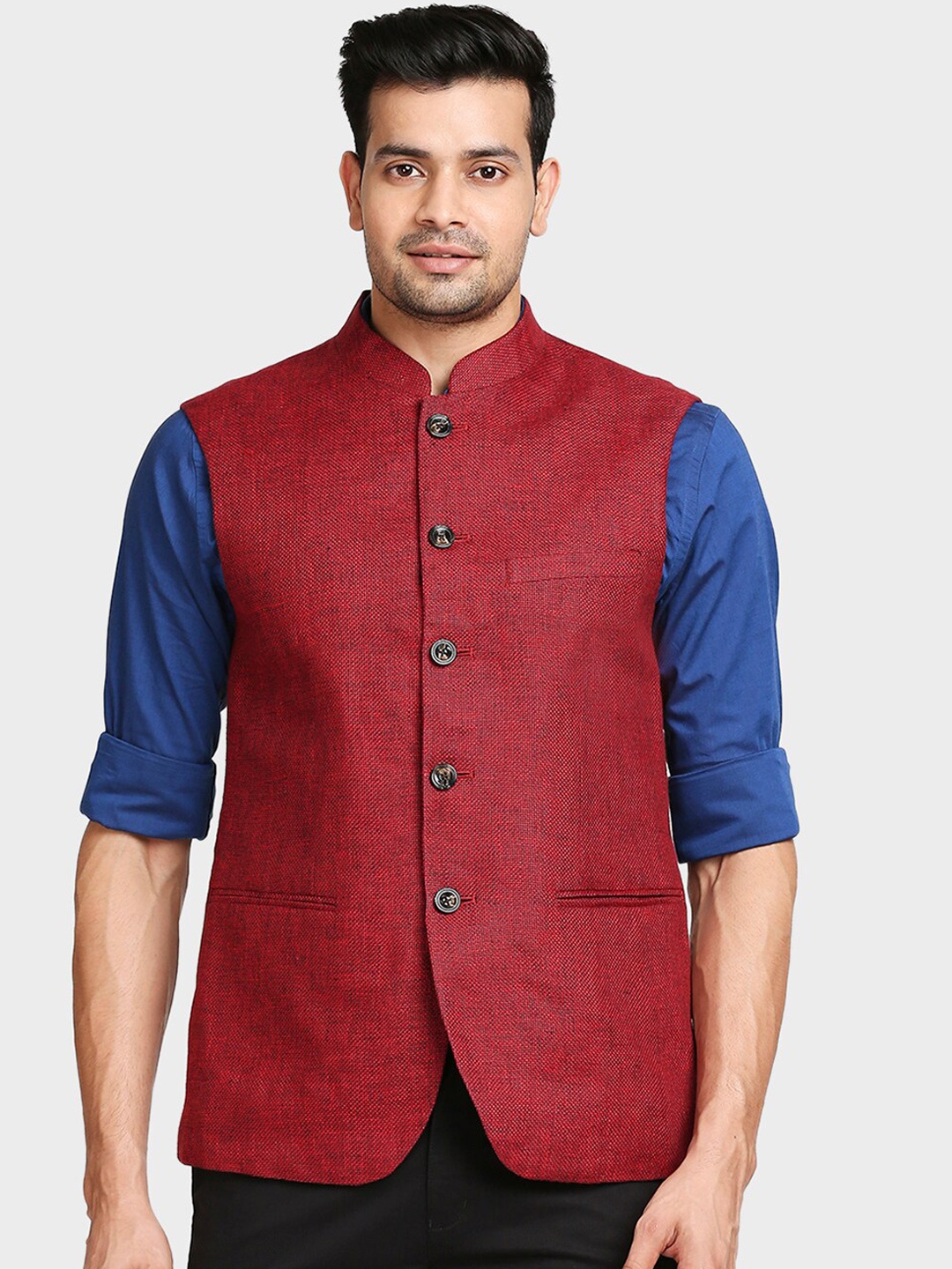 

ColorPlus Men Red Solid Linen Nehru Jacket