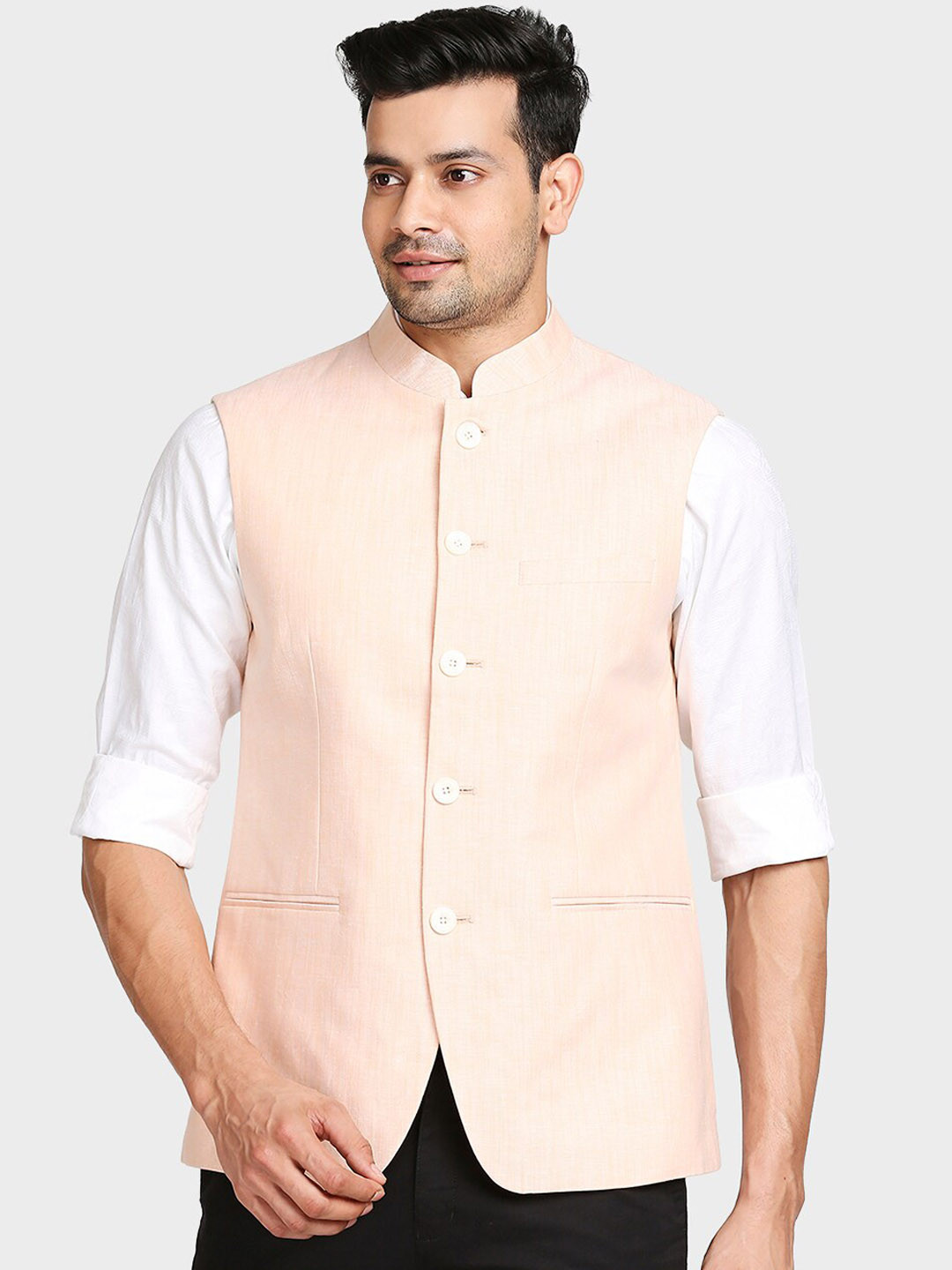 

ColorPlus Men Peach Colored Solid Bandhgala Nehru Jacket