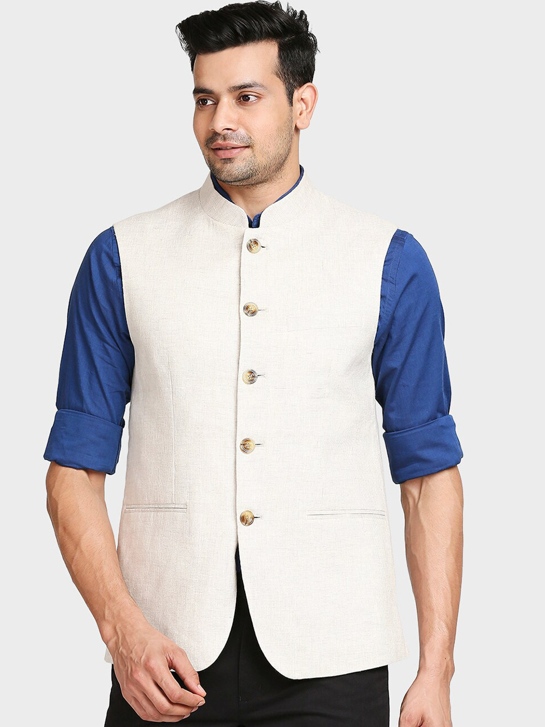

ColorPlus Men Beige Solid Bandhagala Waistcoat
