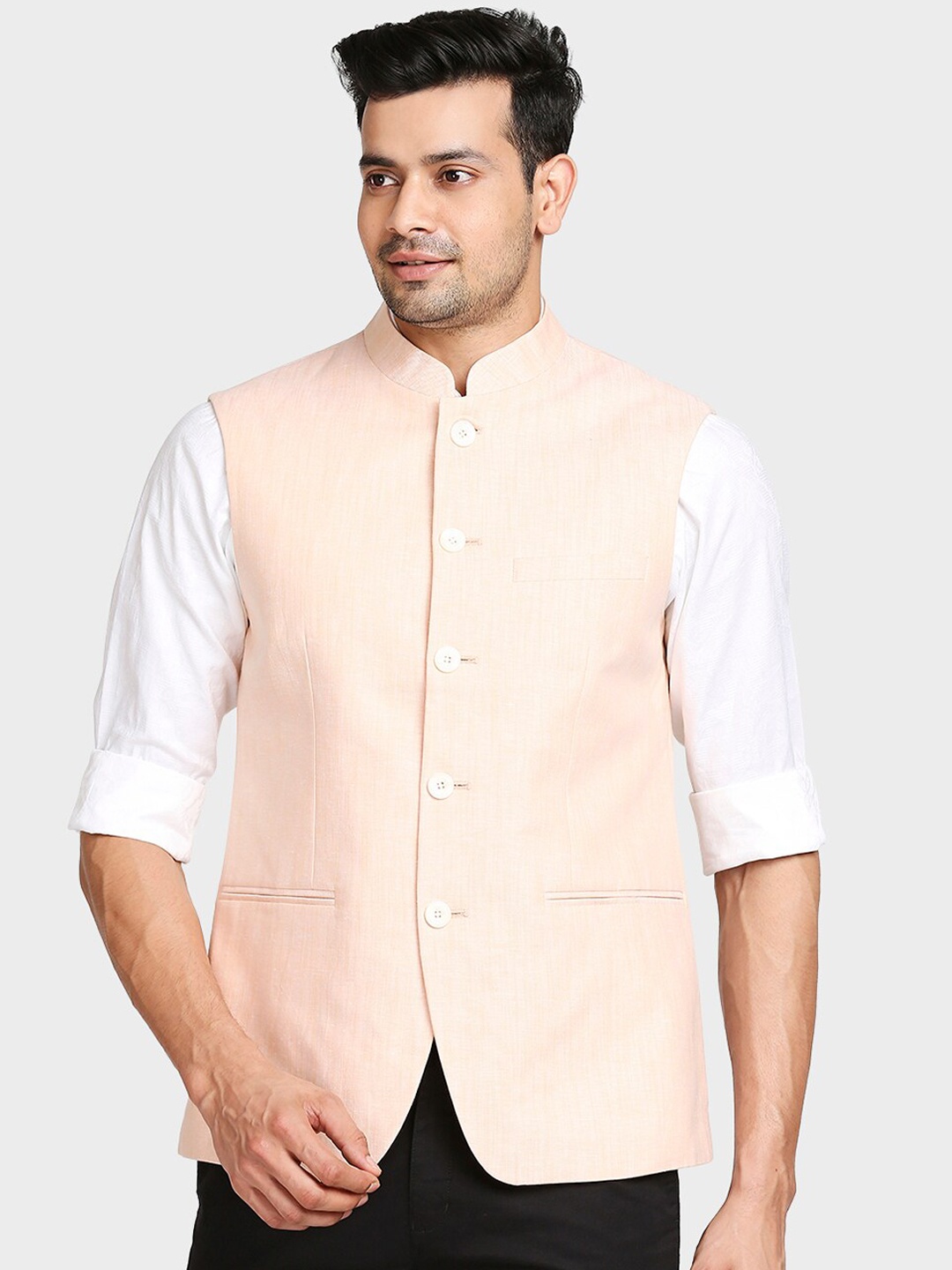 

ColorPlus Men Peach-Coloured Solid Woven Nehru Jacket