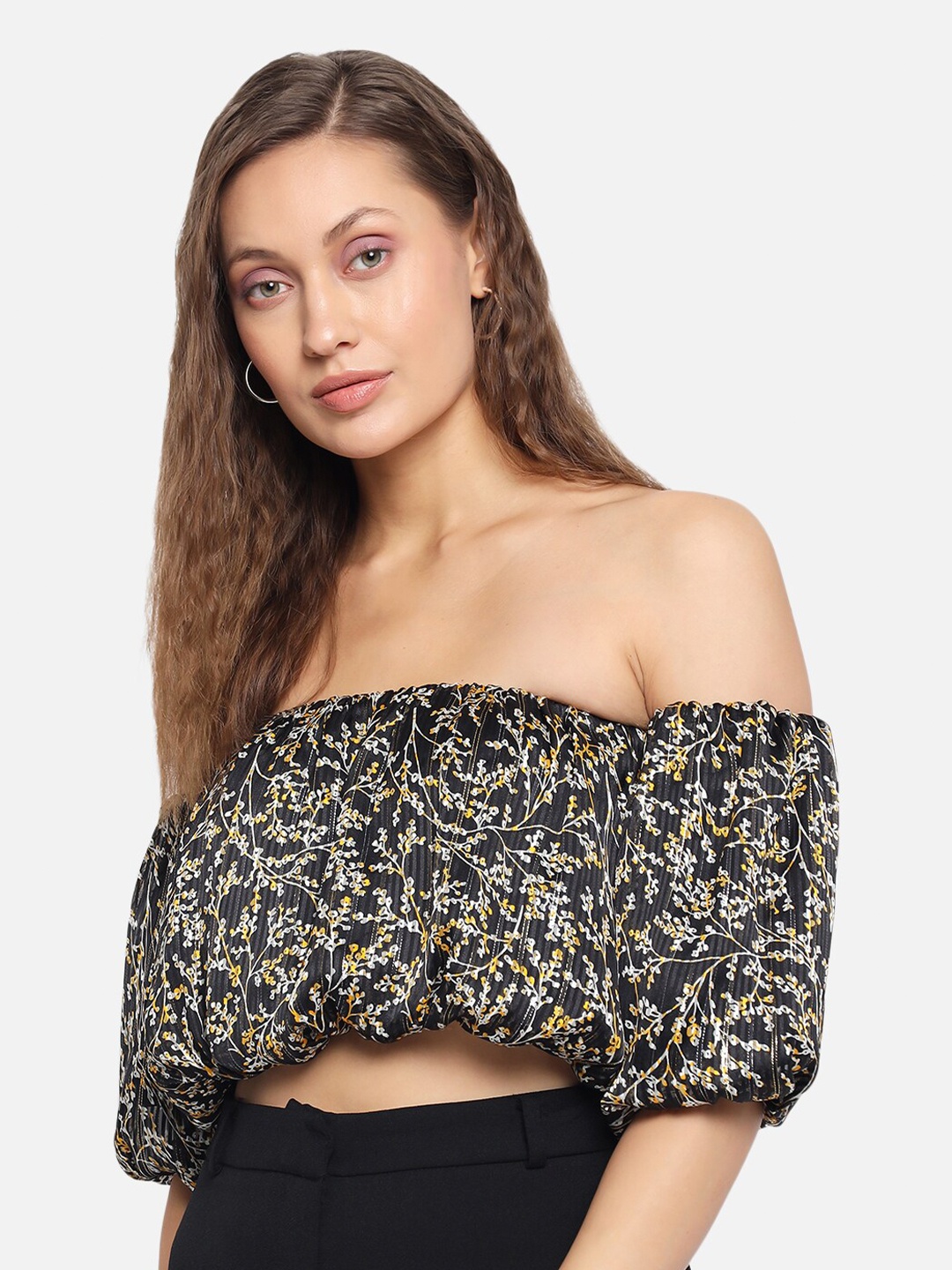 

Trend Arrest Black & White Floral Off-Shoulder Georgette Bardot Crop Top