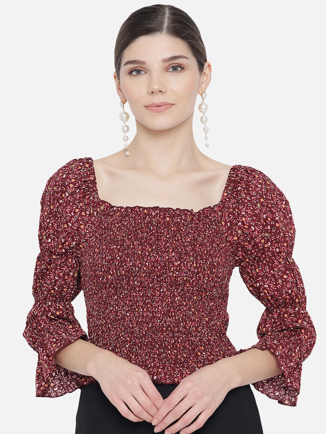 

Trend Arrest Maroon & Red Floral Printed Smocking Top