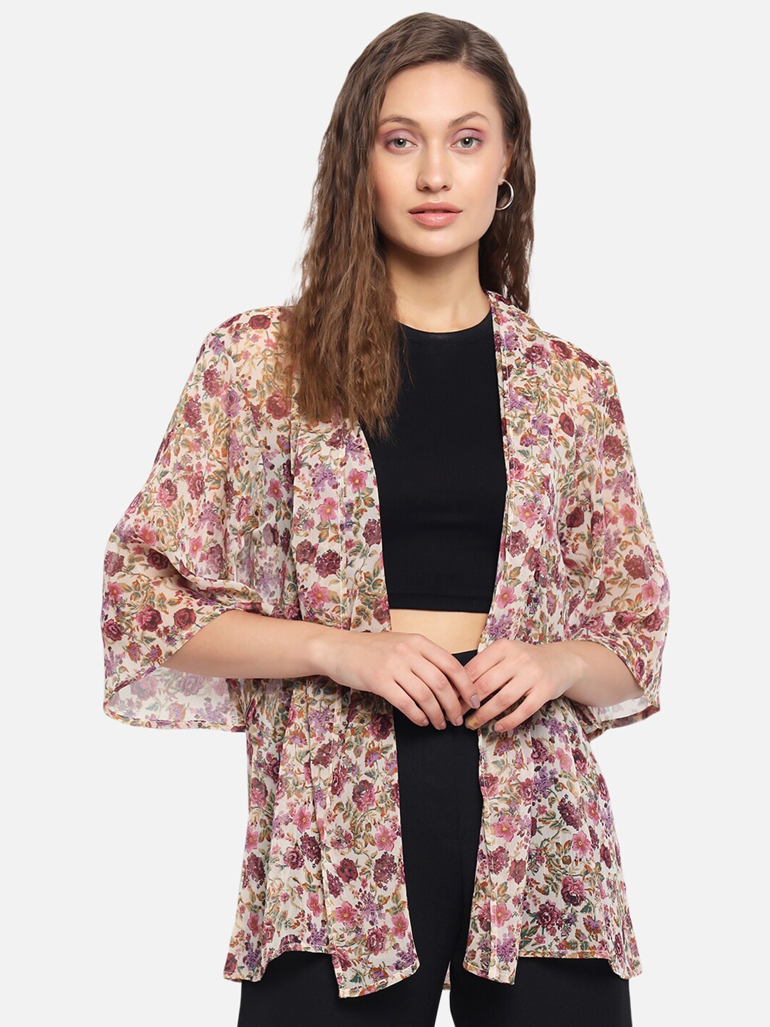 

Trend Arrest Women Beige & Pink Printed Shrug