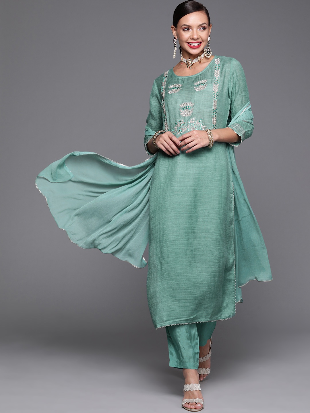 

Indo Era Women Sea Green Yoke Design Chanderi Silk Kurta with Trousers & Dupatta