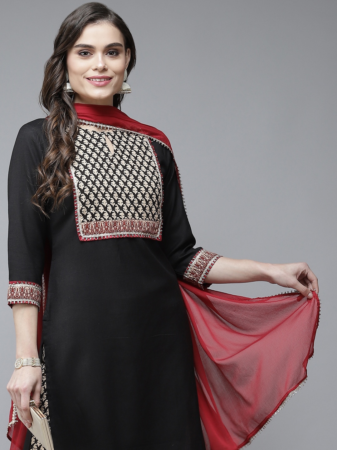 

Indo Era Women Black Yoke Design Kurta Set & Dupatta With Beads and Stones Detail