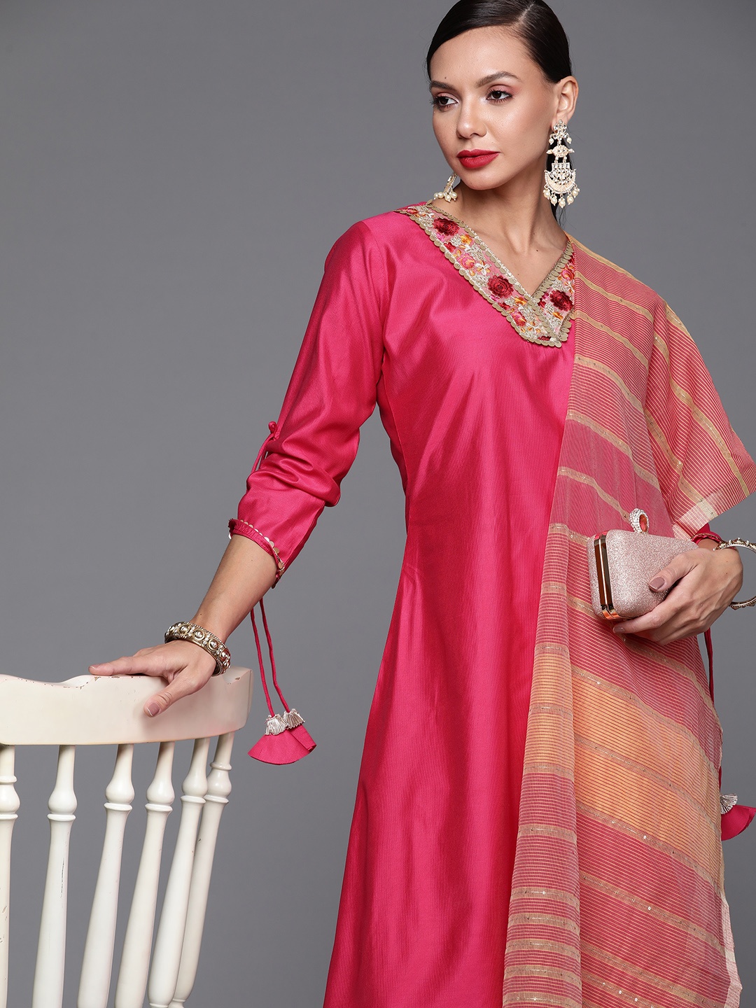 

Indo Era Women Pink Floral Thread Work Liva Kurta with Trousers & Dupatta