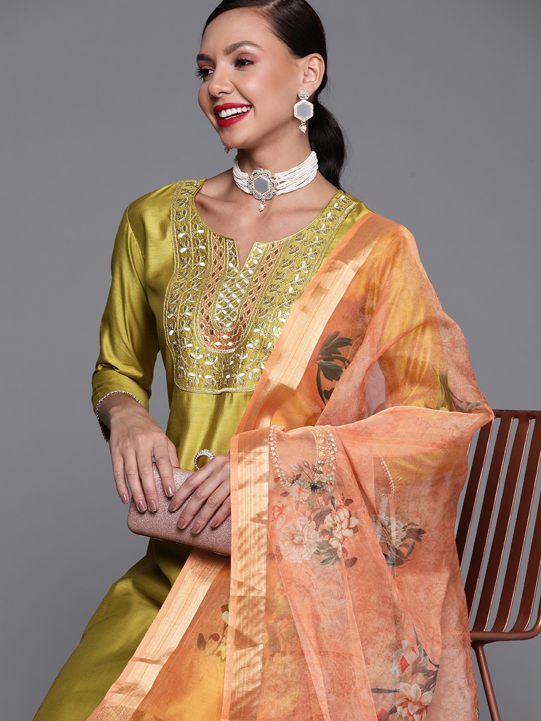 

Indo Era Women Olive Green Ethnic Motifs Embroidered Kurta with Trousers & Dupatta