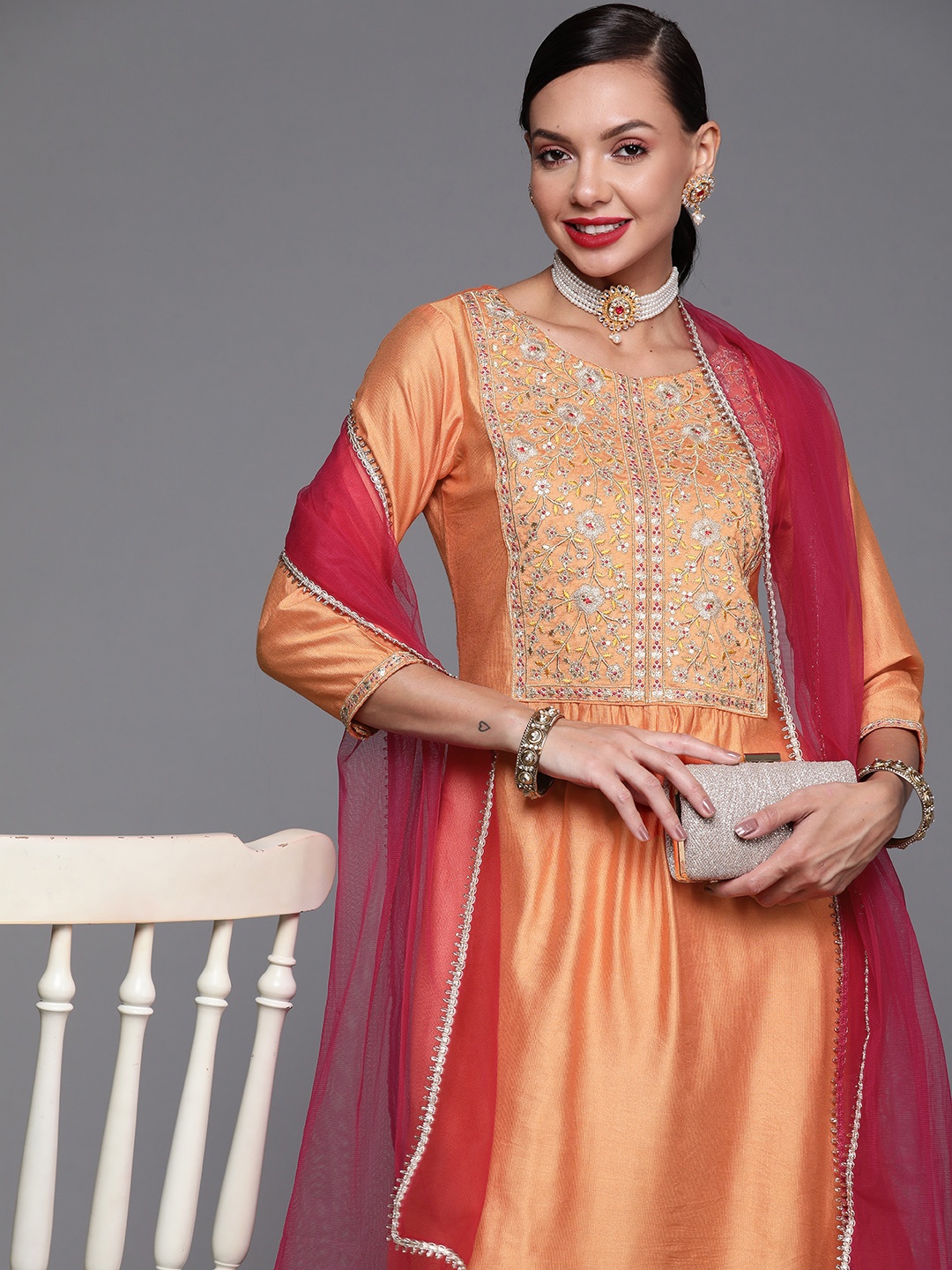 

Indo Era Women Peach-Coloured Yoke Design Pleated Kurta with Palazzos & Dupatta