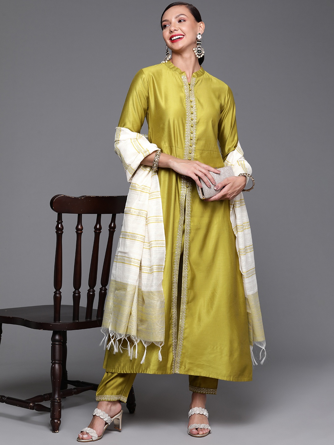 

Indo Era Women Olive Green Ethnic Motifs Embroidered Kurta with Trousers & Dupatta