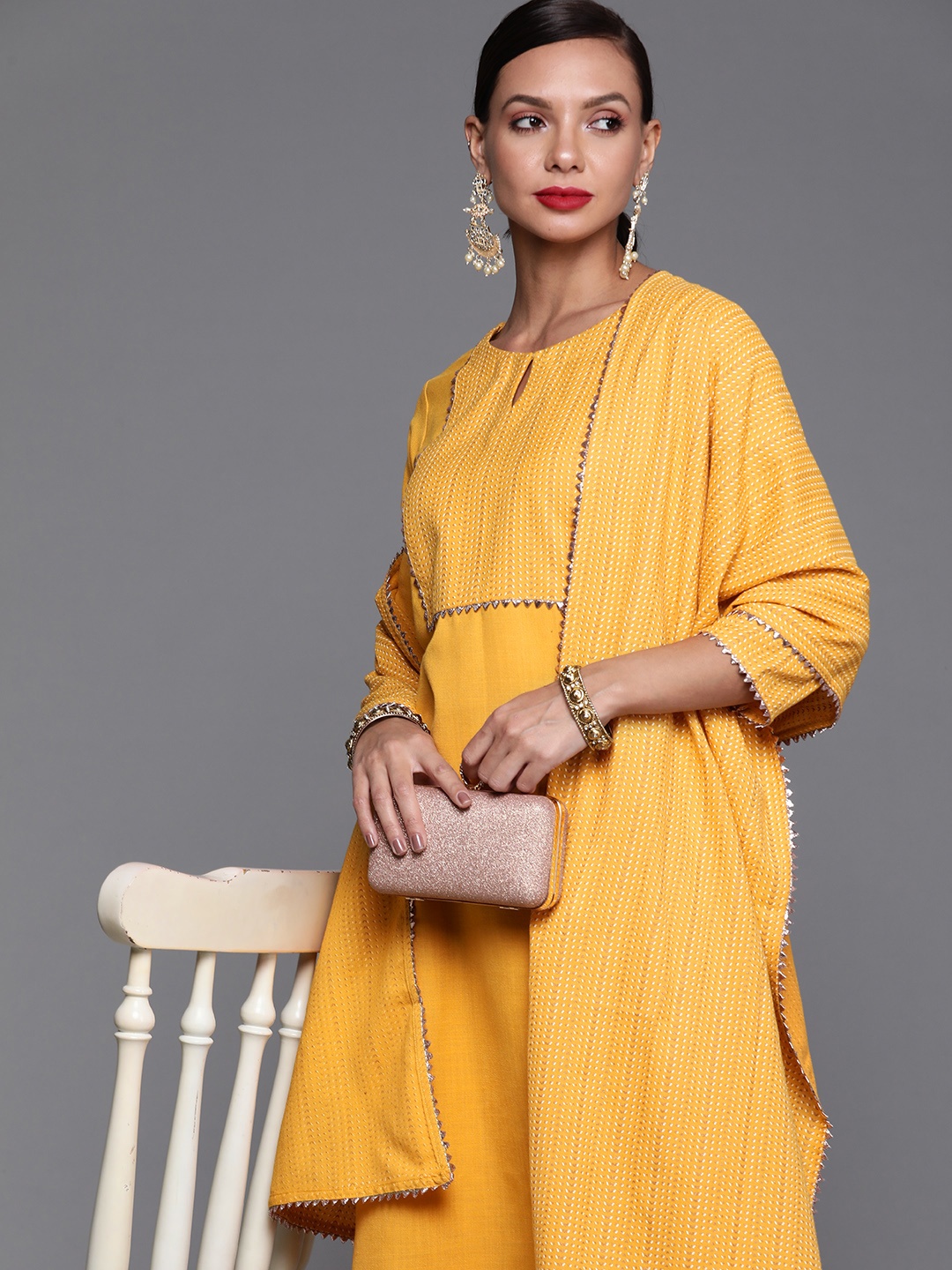 

Indo Era Women Mustard Yellow Yoke Design Kurta with Palazzos & Dupatta