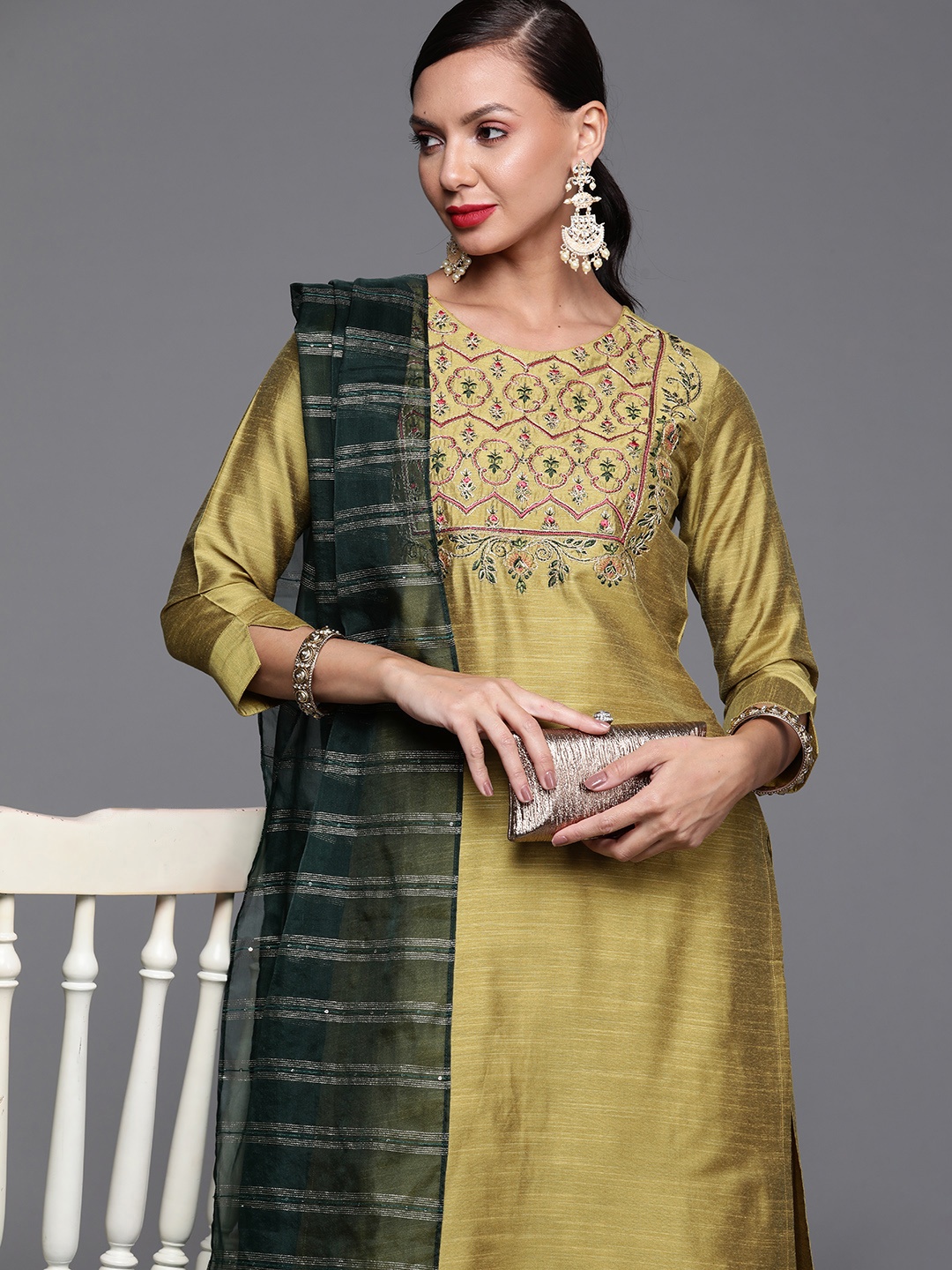 

Indo Era Women Olive Green Floral Yoke Design Chanderi Silk Kurta with Palazzos & Dupatta