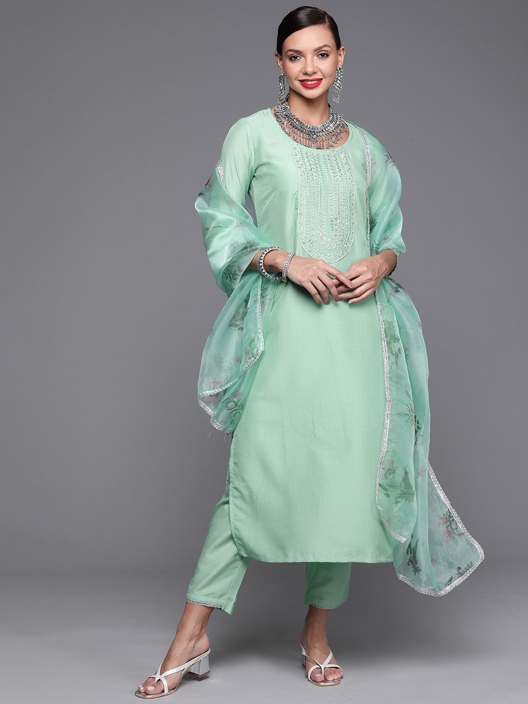 

Indo Era Women Sea Green Yoke Design Mirror Work Kurta with Trousers & Dupatta