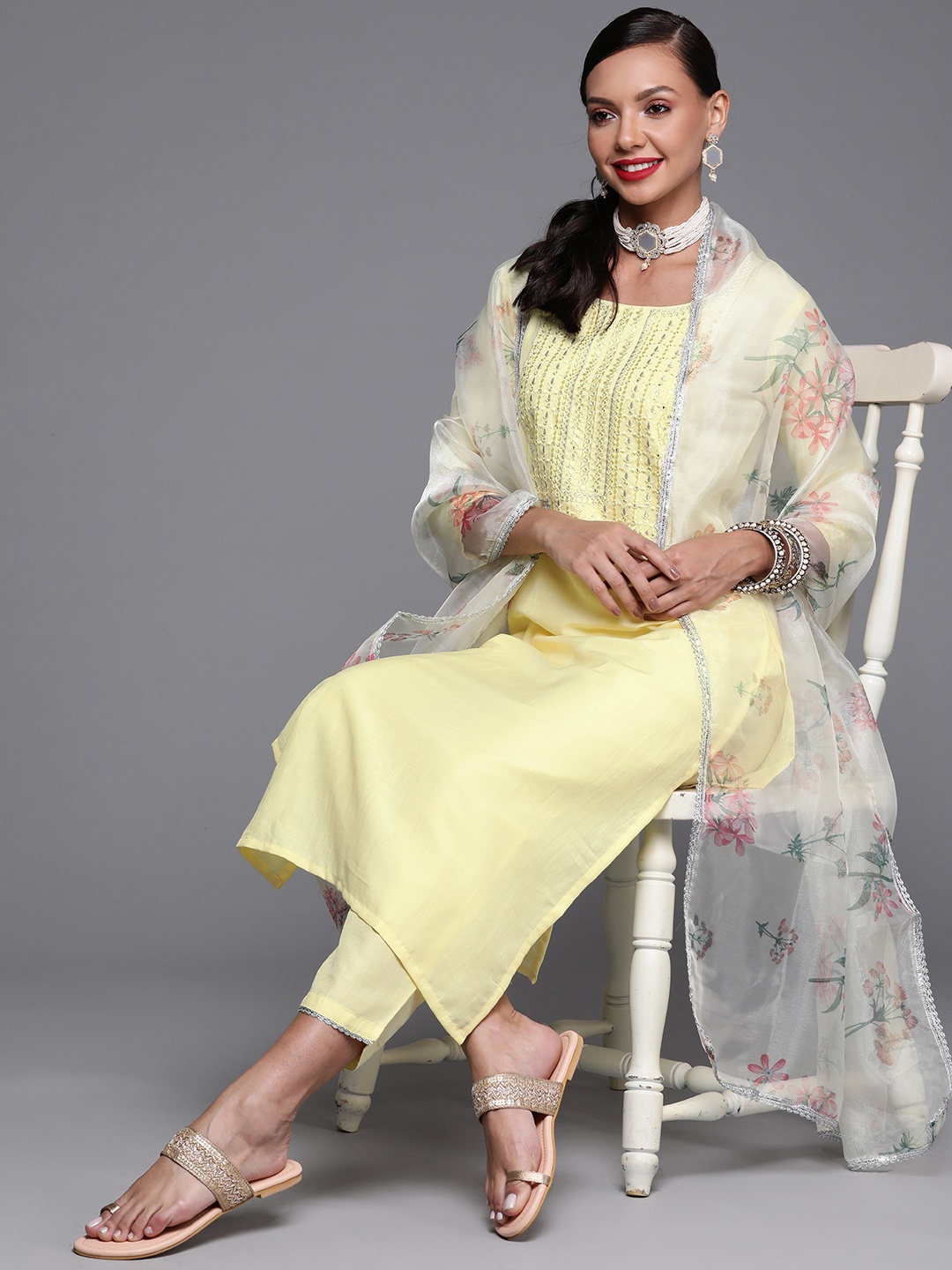 

Indo Era Women Yellow Ethnic Motifs Yoke Design Gotta Patti Kurta with Trousers & Dupatta