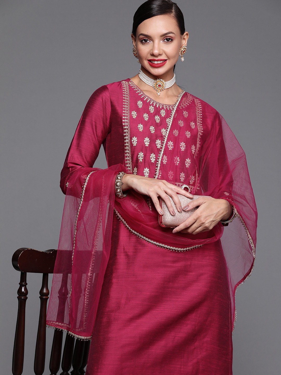 

Indo Era Women Magenta Yoke Design Chanderi Silk Kurta with Palazzos & Dupatta