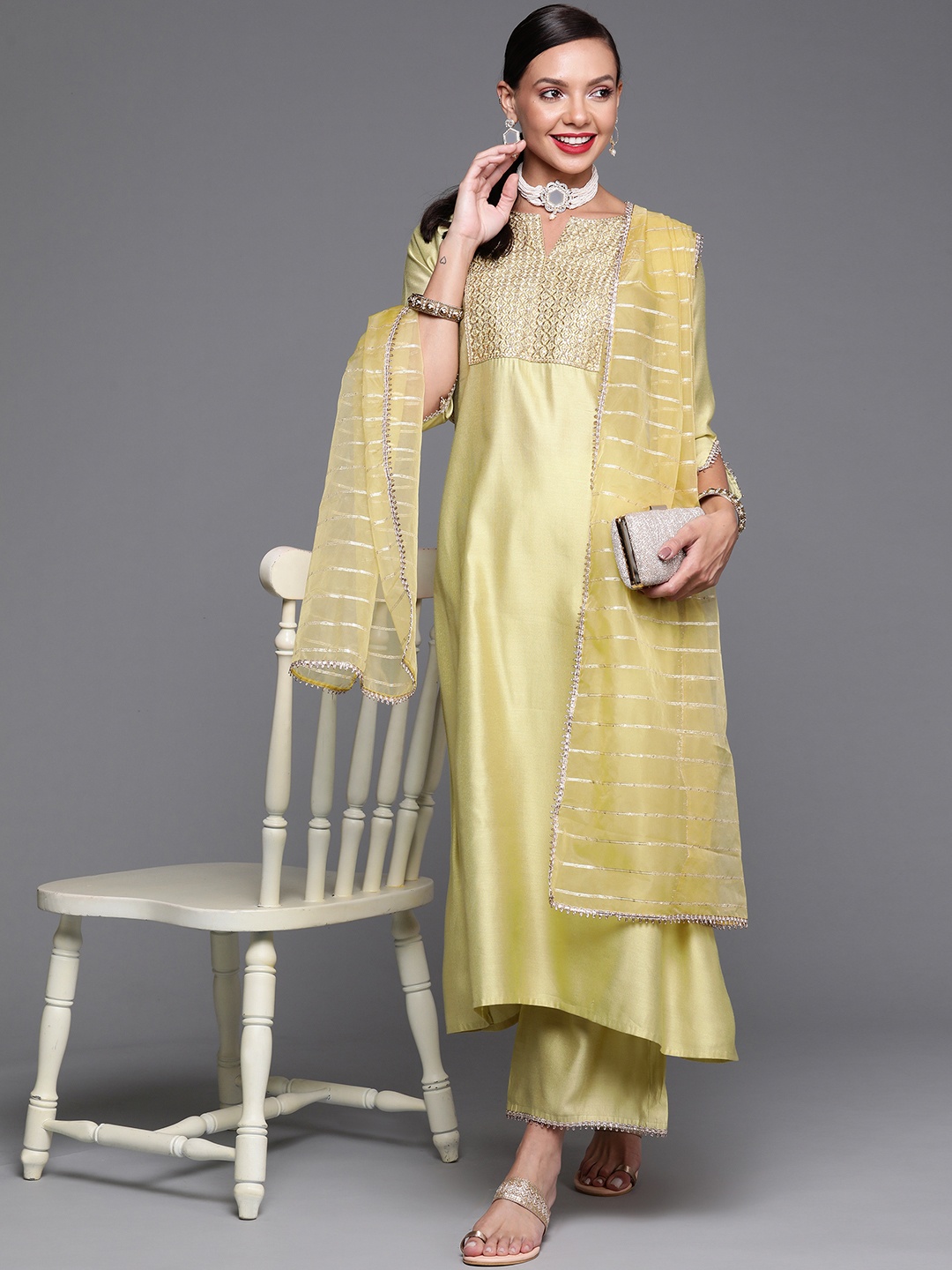 

Indo Era Women Olive Green Ethnic Motifs Yoke Design Kurta with Palazzos & Dupatta