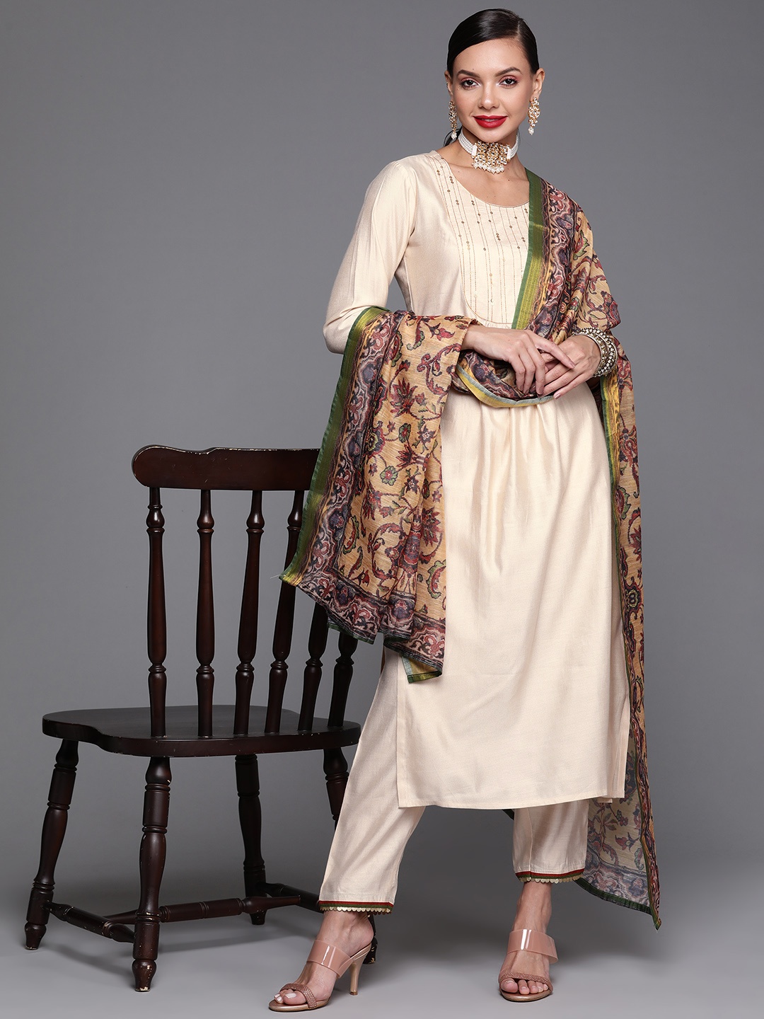 

Indo Era Women Beige Yoke Design Pleated Kurta with Palazzos & Dupatta