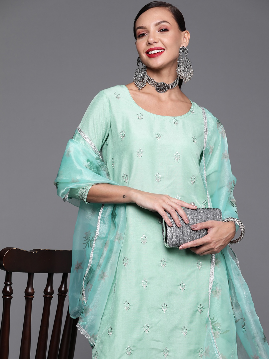

Indo Era Women Sea Green Embroidered Sequinned Kurta with Palazzos & Dupatta
