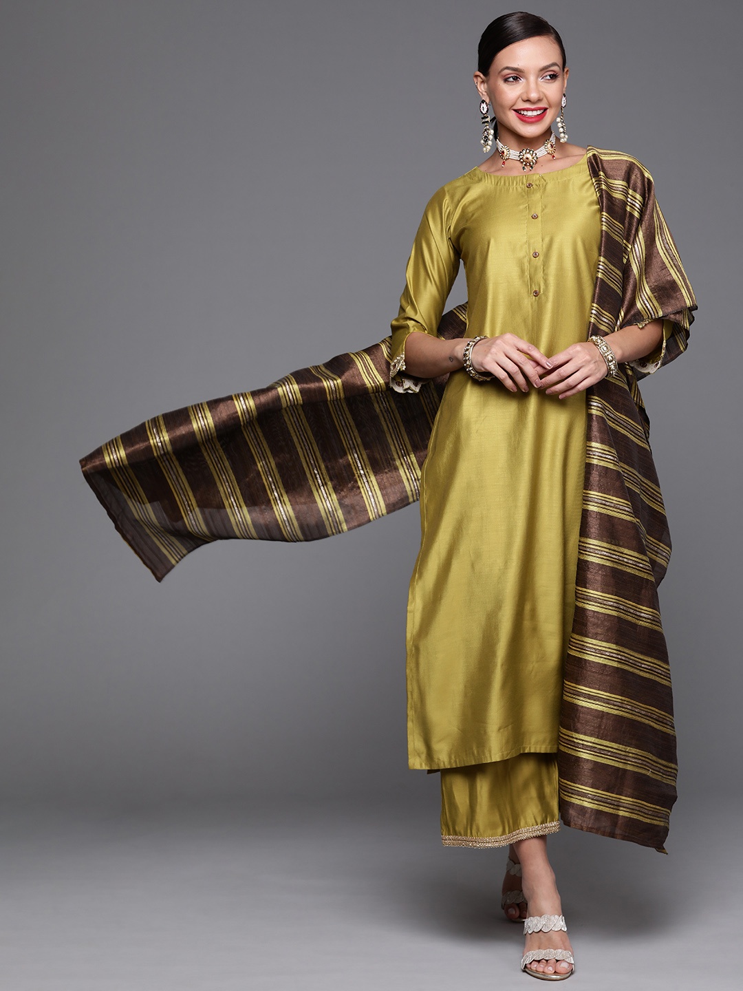 

Indo Era Women Olive Green Solid Kurta with Palazzos & Dupatta