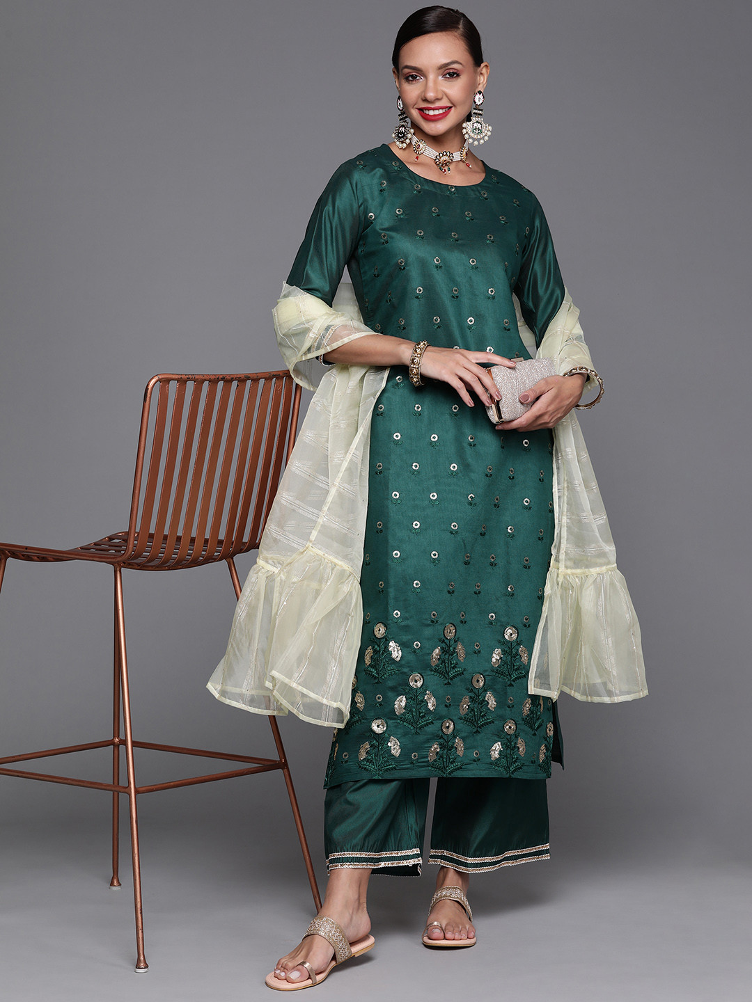 

Indo Era Women Teal Green Floral Embroidered Gotta Patti Kurta with Palazzos & Dupatta