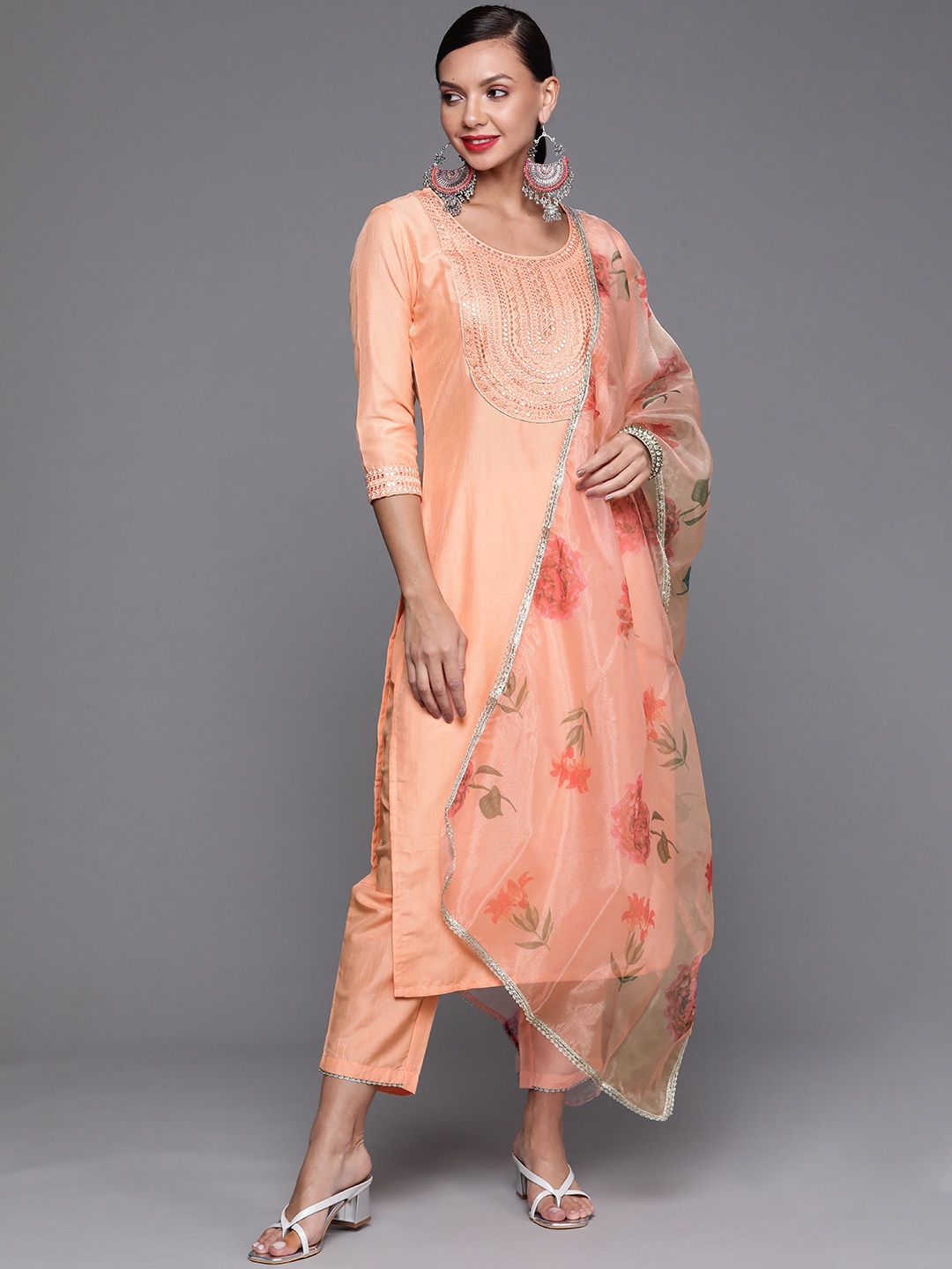 

Indo Era Women Peach-Coloured Yoke Design Mirror Work Kurta with Trousers & Dupatta