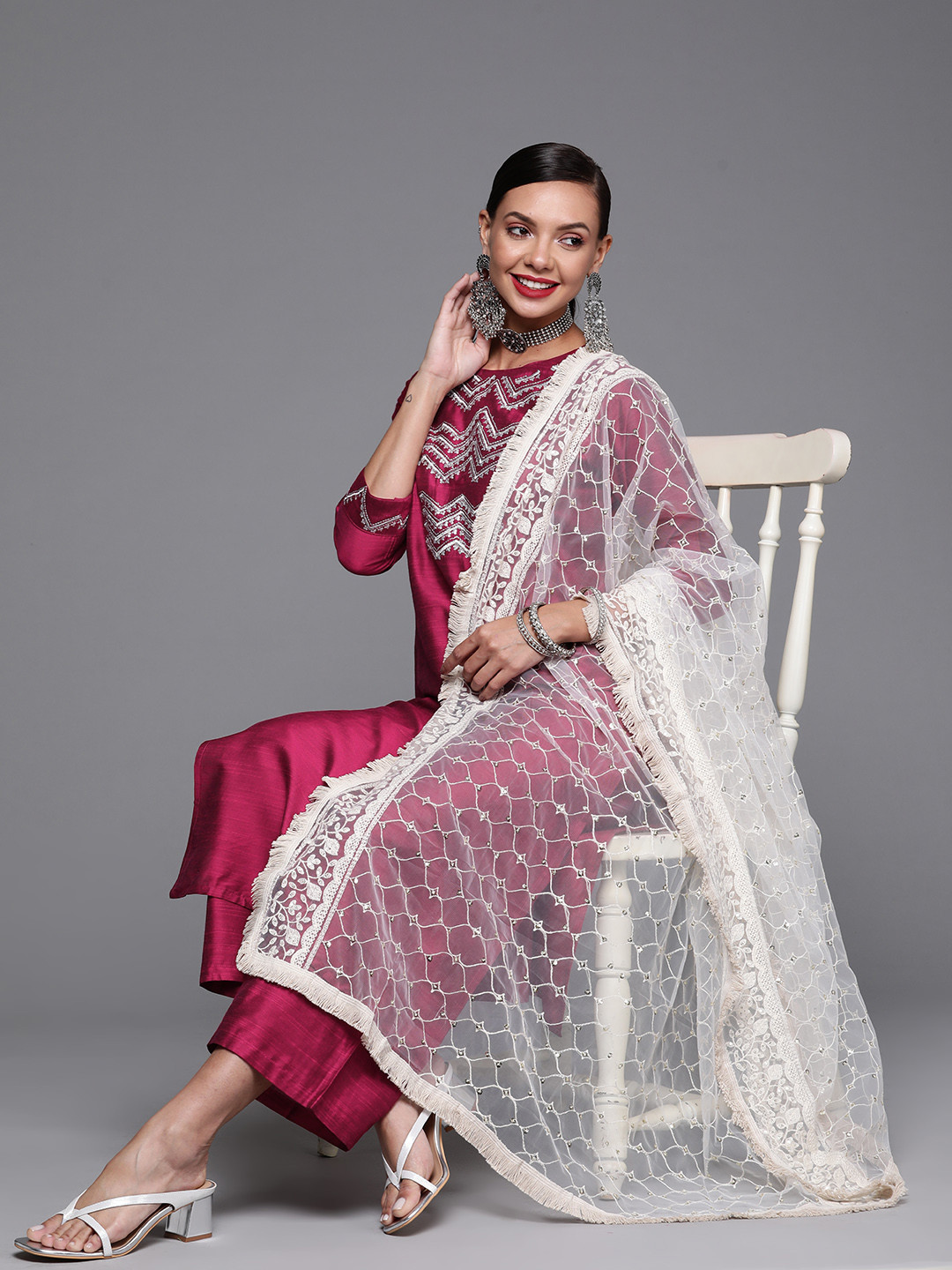 

Indo Era Women Magenta Yoke Design Chanderi Silk Kurta with Trousers & Dupatta