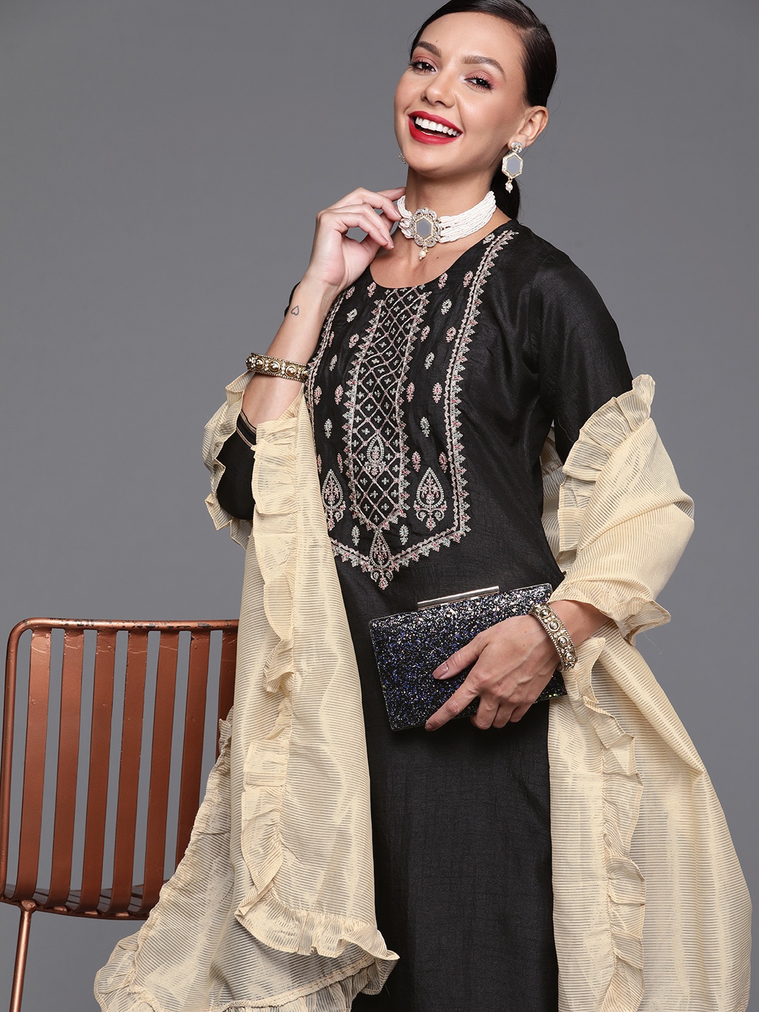 

Indo Era Women Black Ethnic Motifs Embroidered Yoke Design Kurta with Trousers & Dupatta