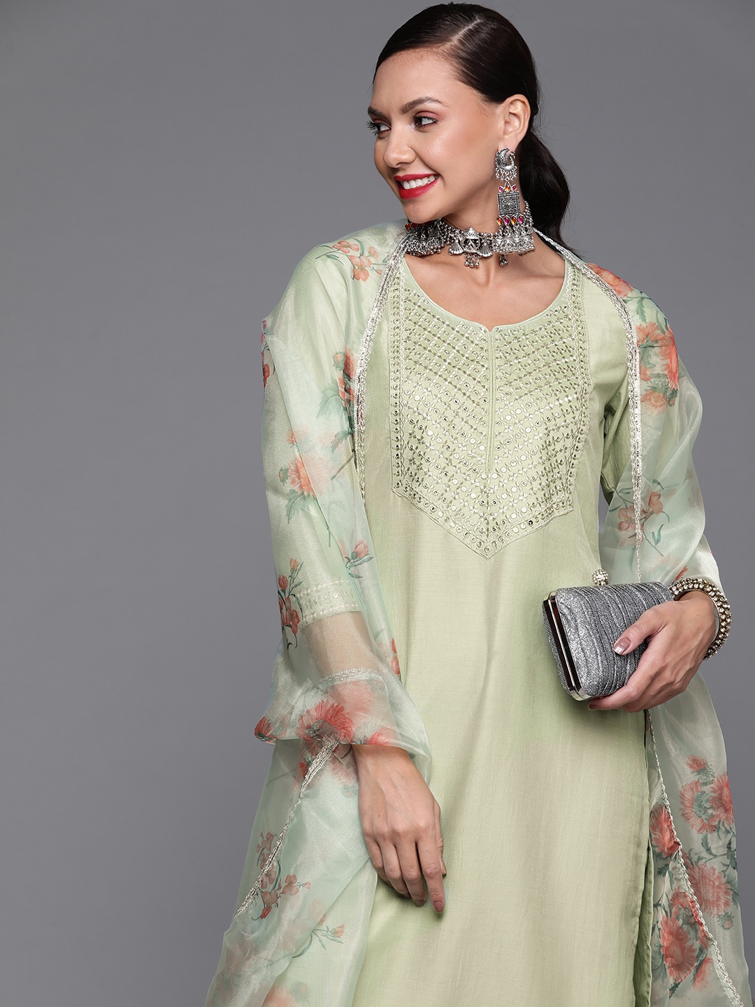 

Indo Era Women Green Yoke Design Mirror Work Kurta with Trousers & Dupatta