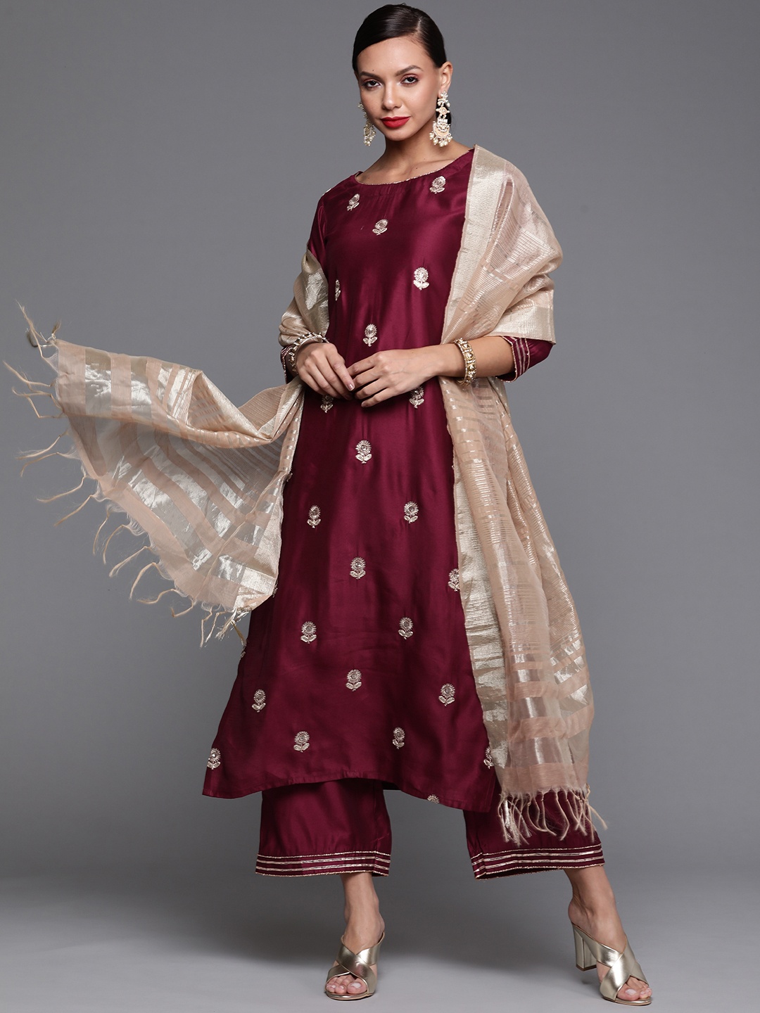 

Indo Era Women Maroon Embroidered Sequinned Liva Kurta with Trousers & Dupatta