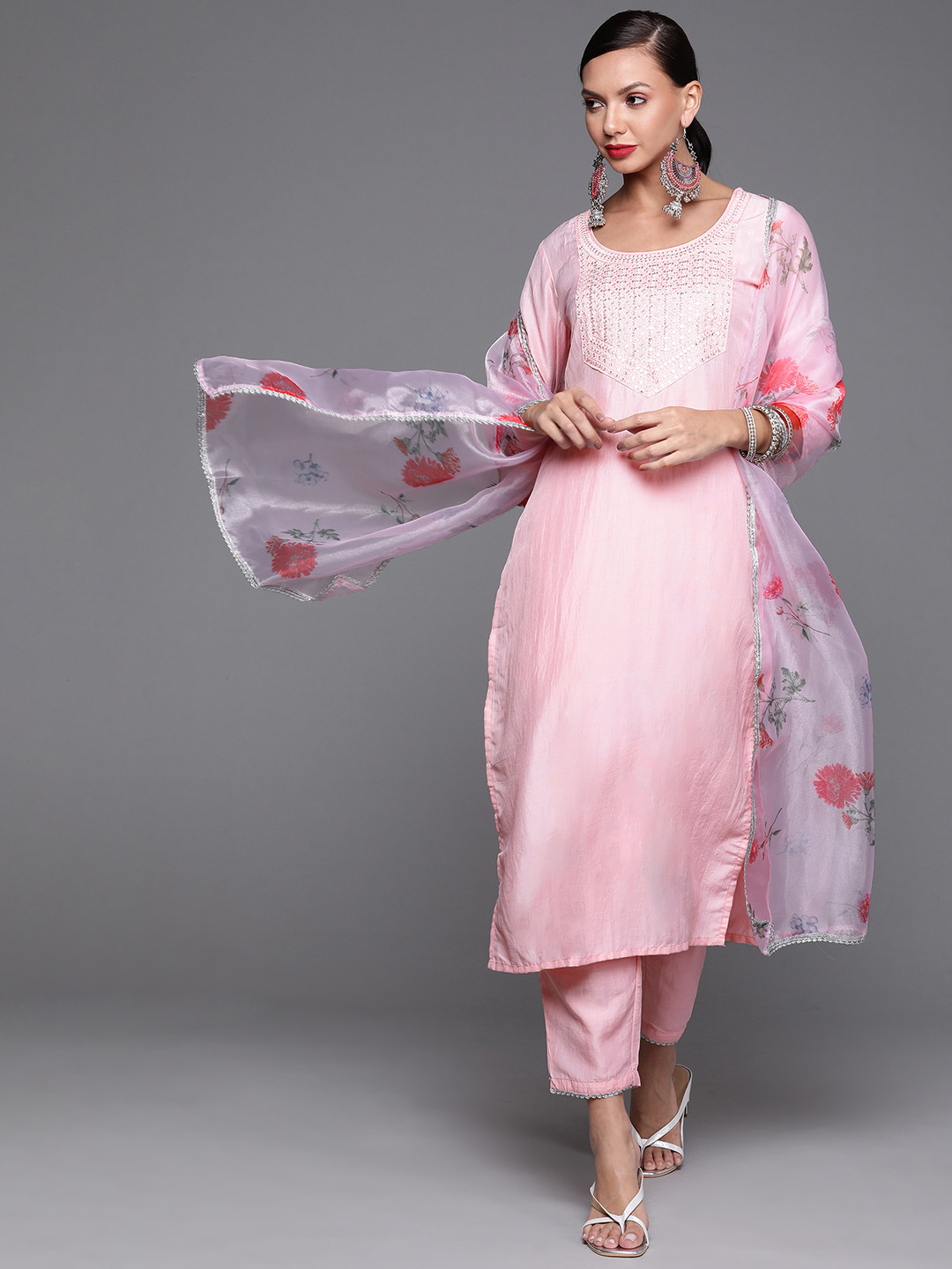 

Indo Era Women Pink Yoke Design Mirror Work Kurta with Trousers & Dupatta