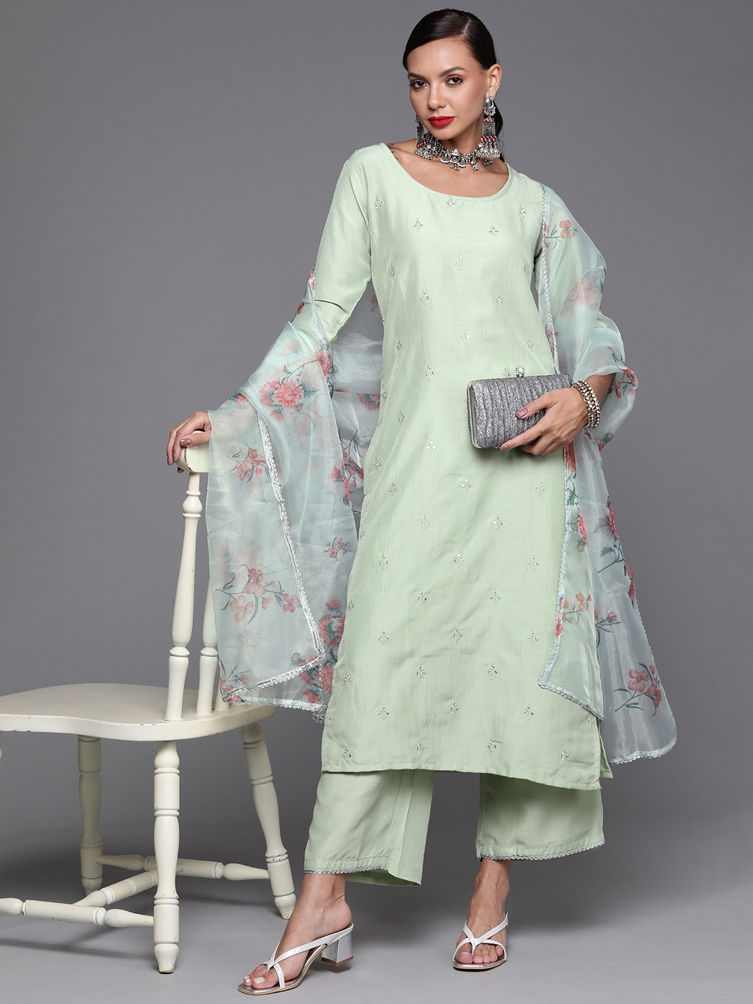 

Indo Era Women Sea Green Embroidered Mirror Work Kurta with Palazzos & Dupatta