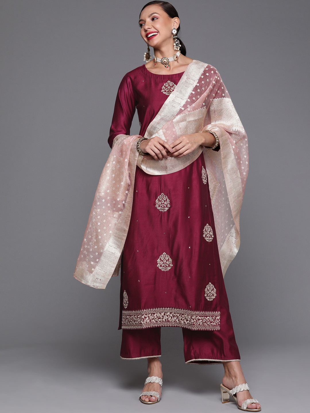 

Indo Era Women Maroon Embroidered Sequinned Liva Kurta with Trousers & Dupatta