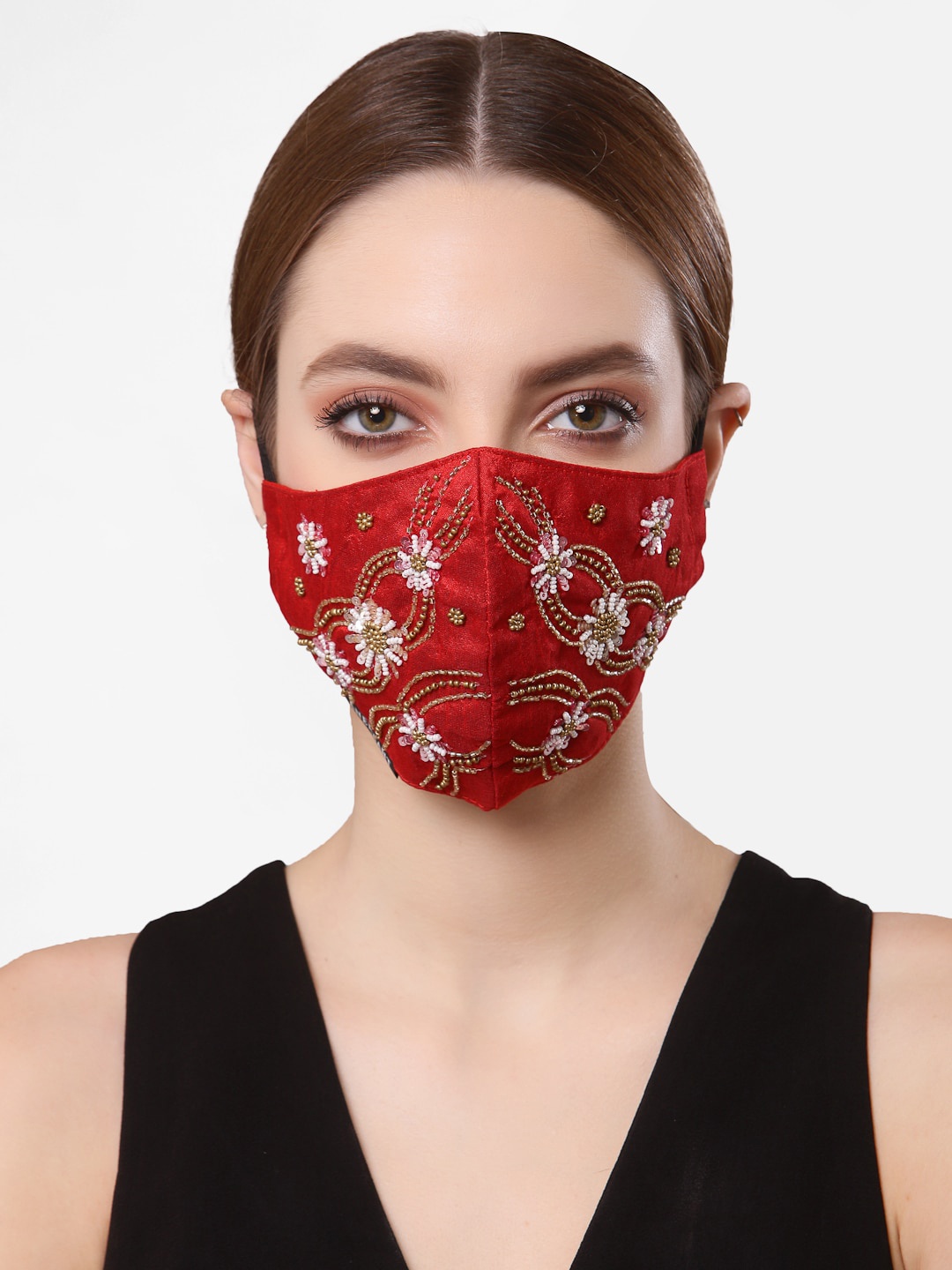 

Anekaant Women Maroon & Gold-Coloured Embellished 3-Ply Reusable Outdoor Cloth Mask