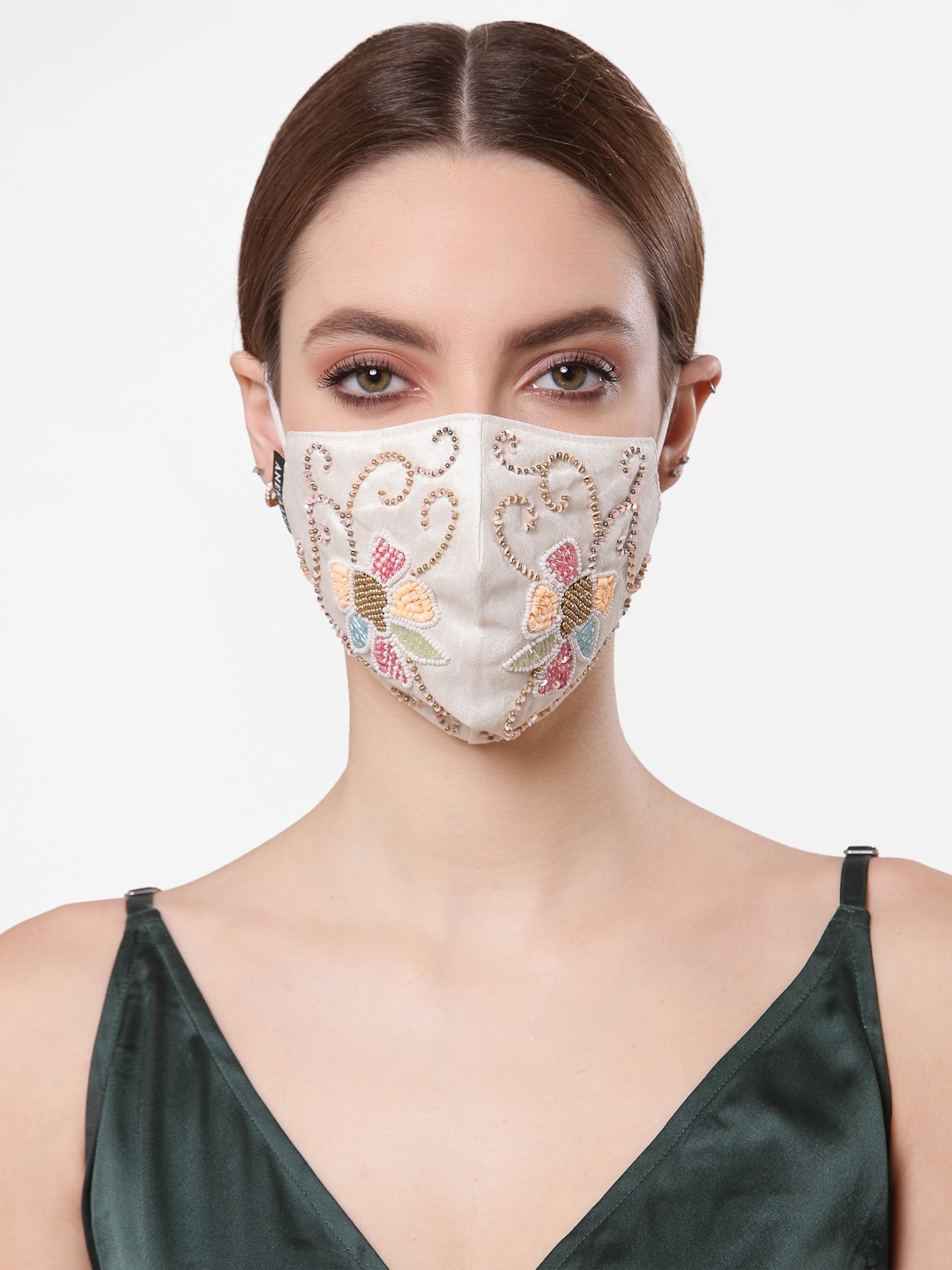 

Anekaant Cream 3-Ply Faux Silk Foliage Embellished Fabric Fashion Mask