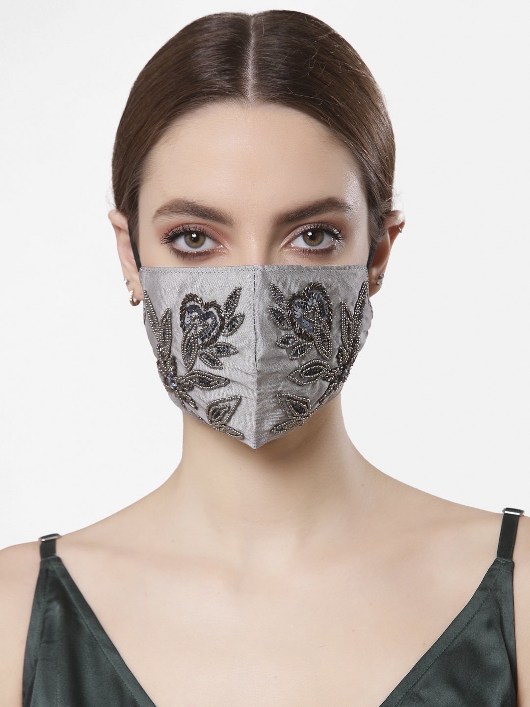 

Anekaant Women Grey & Blue Faux Silk Embellished Fabric Reusable 3-Ply Mask
