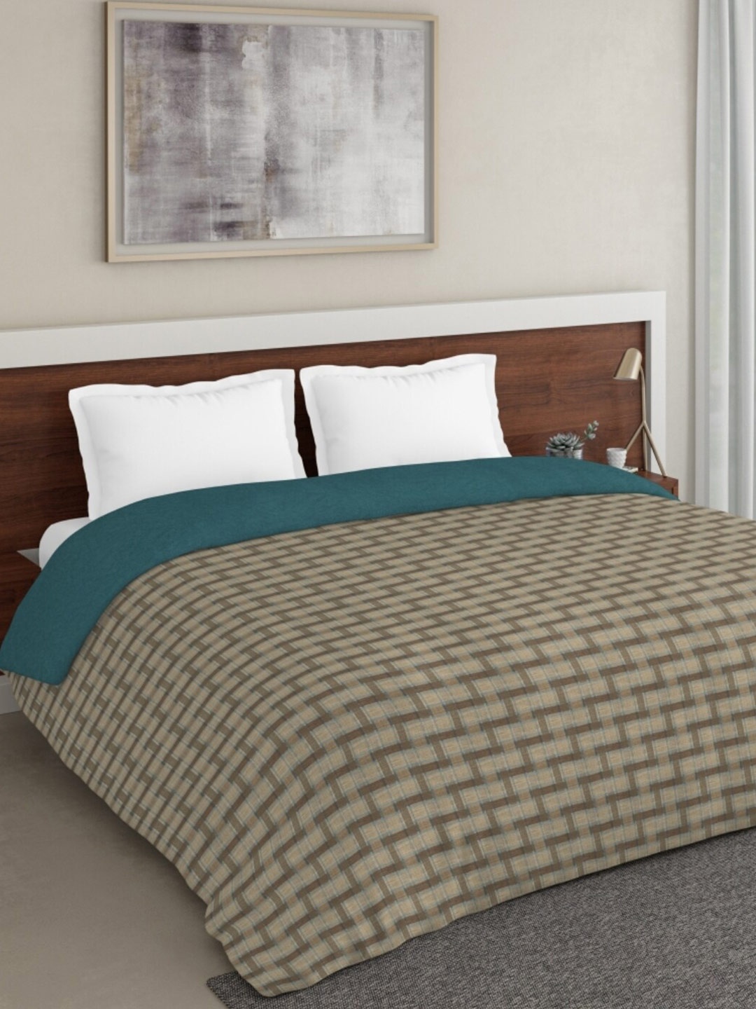 DDecor Green & Beige Checked Mild Winter 210 GSM Double Bed Comforter