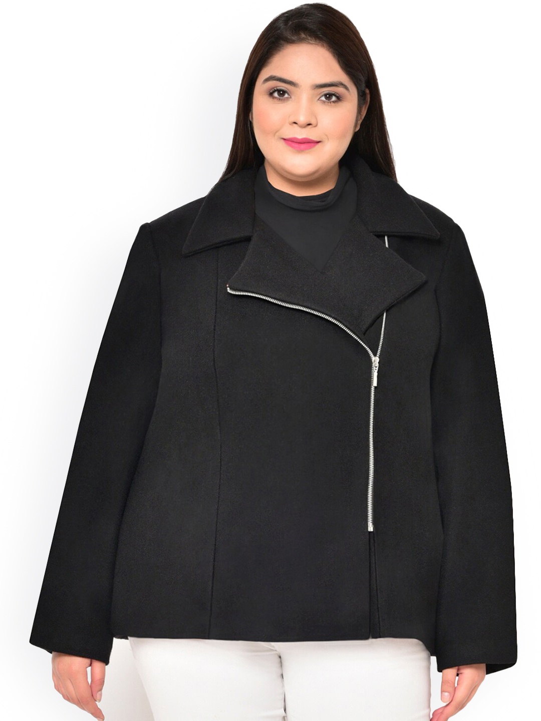 

wild U Plus Size Women Black Solid Asymmetric Collar Zip Up Coat