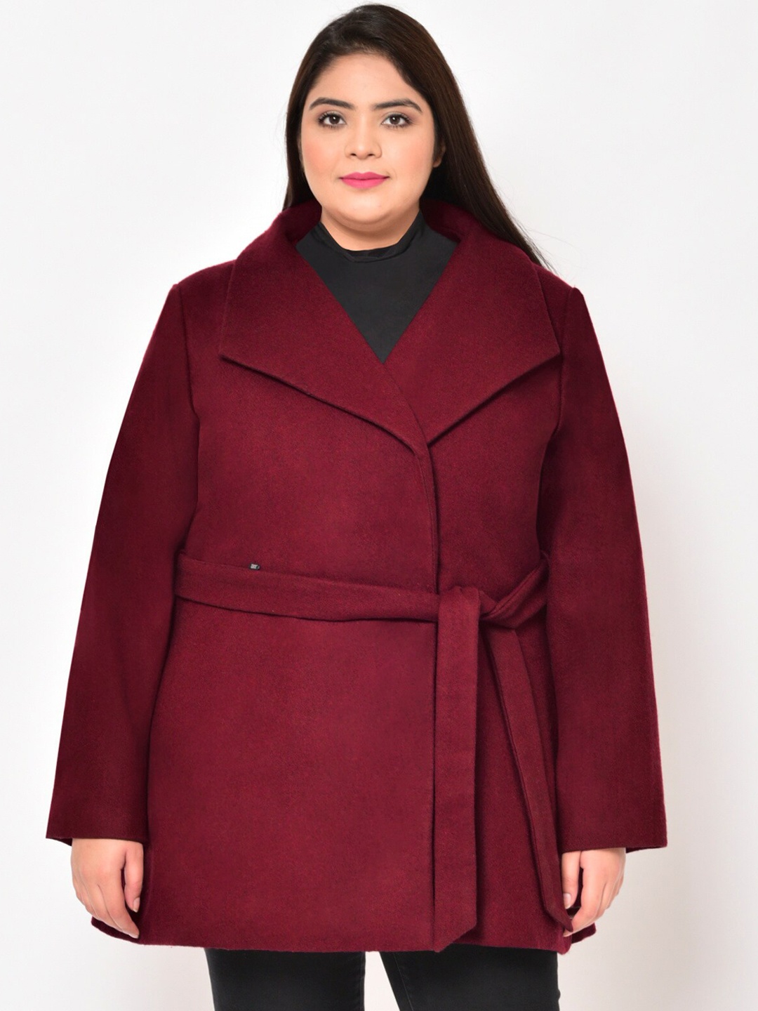 

wild U Plus Size Red Wide Collar Wrap Woolen Coat