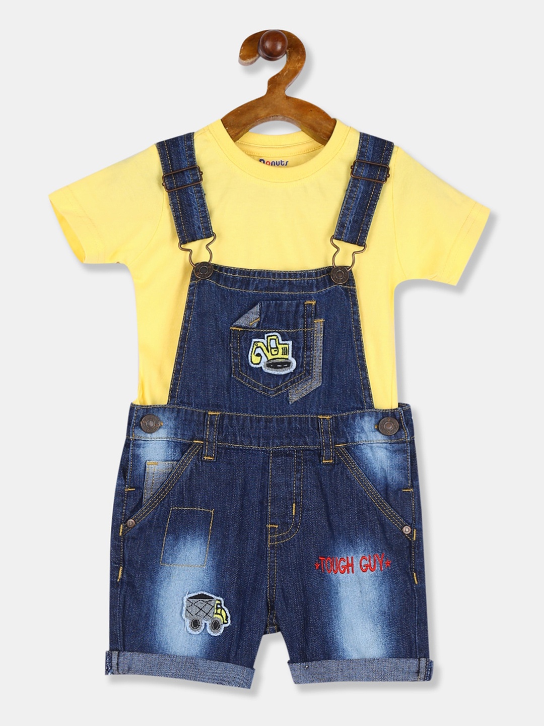 

Donuts Boys Blue & Yellow Washed Denim Dungarees With Solid T-Shirt
