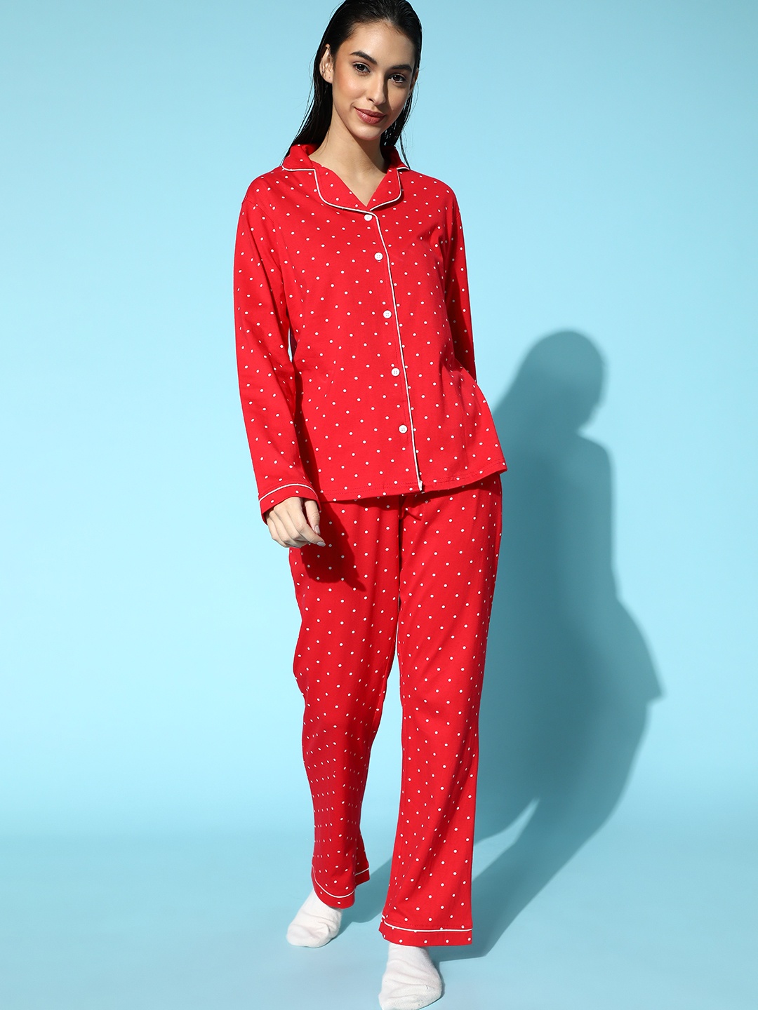 

Masha Women Gorgeous Red Polka Dotted Printed Nightsuit