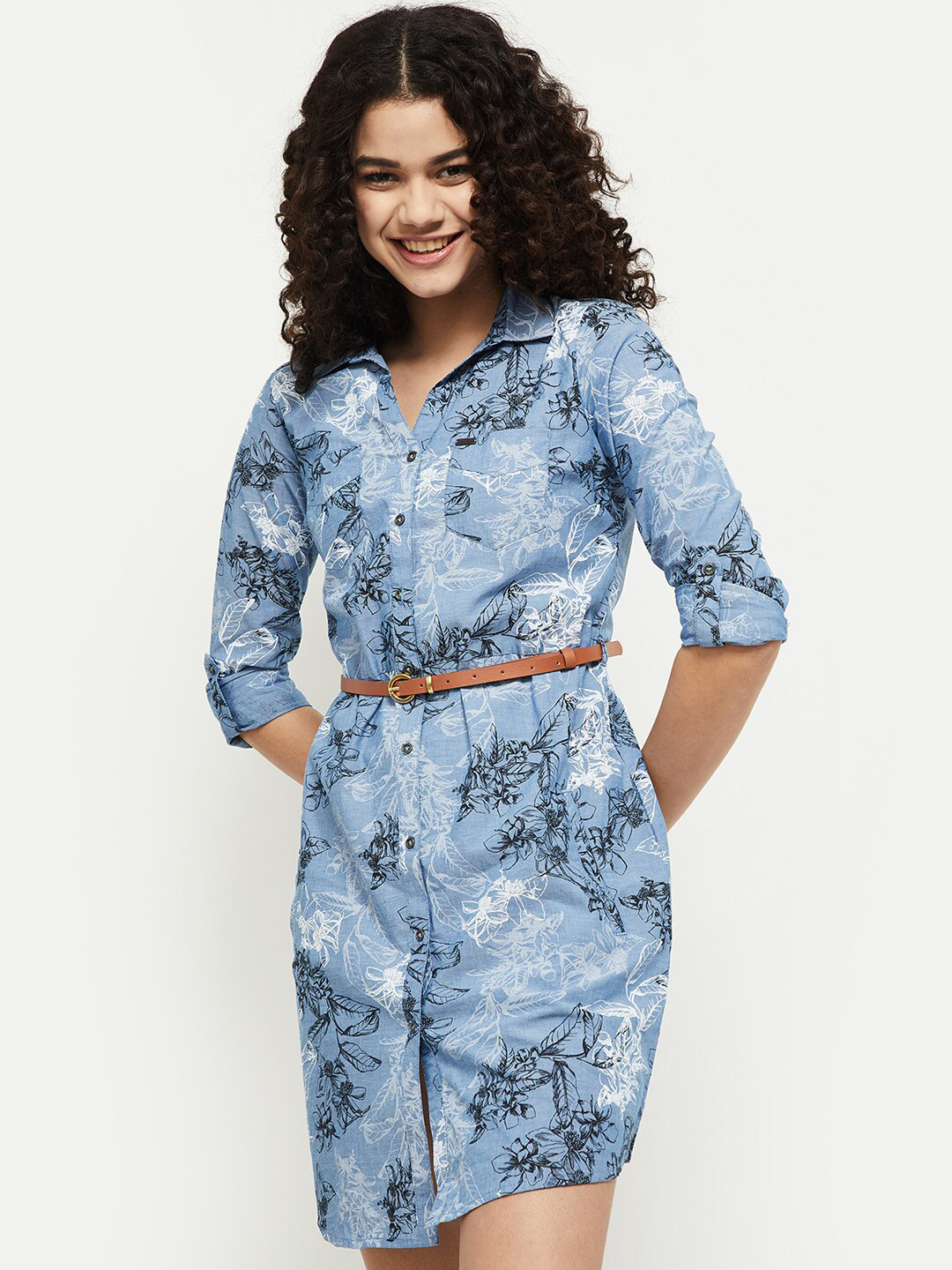 

max Blue & White Pure Cotton Floral Shirt Dress