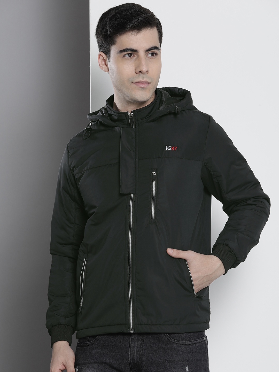 

The Indian Garage Co Men Black Hooded Sporty Jacket