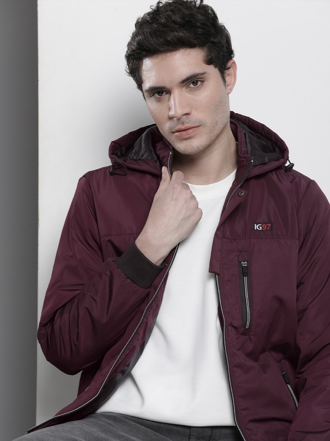 

The Indian Garage Co Men Slim Fit Zip-Front Hooded Bomber Jacket, Red