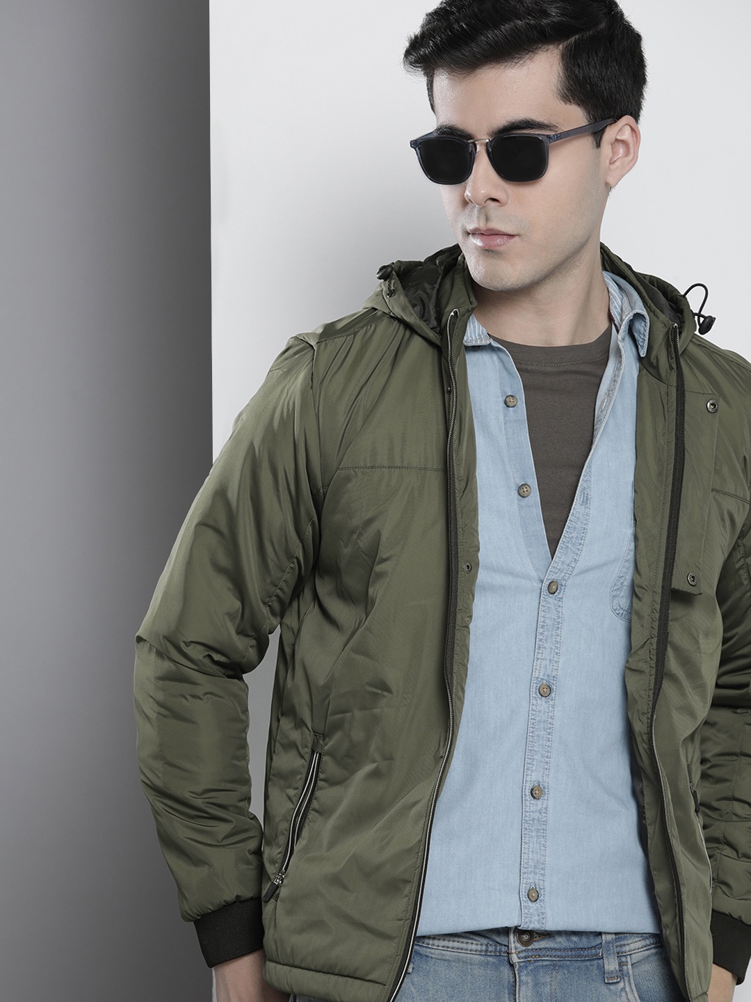 

The Indian Garage Co Men Slim Fit Zip-Front Hooded Bomber Jacket, Olive