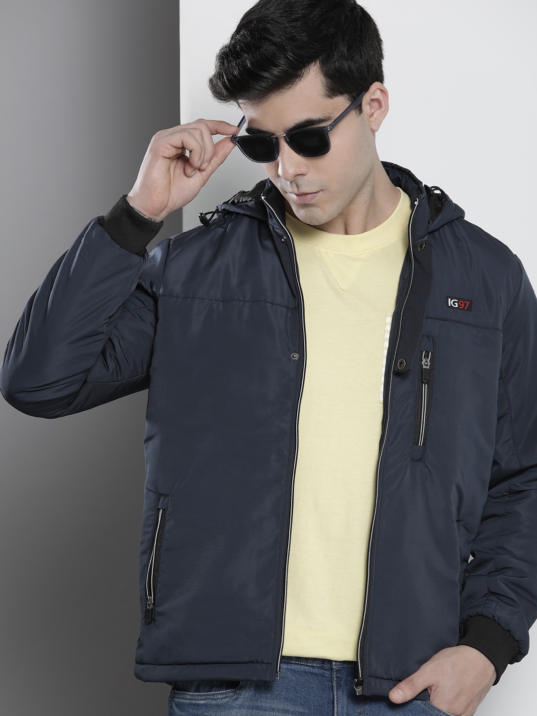 

The Indian Garage Co Men Slim Fit Zip-Front Hooded Bomber Jacket, Navy blue