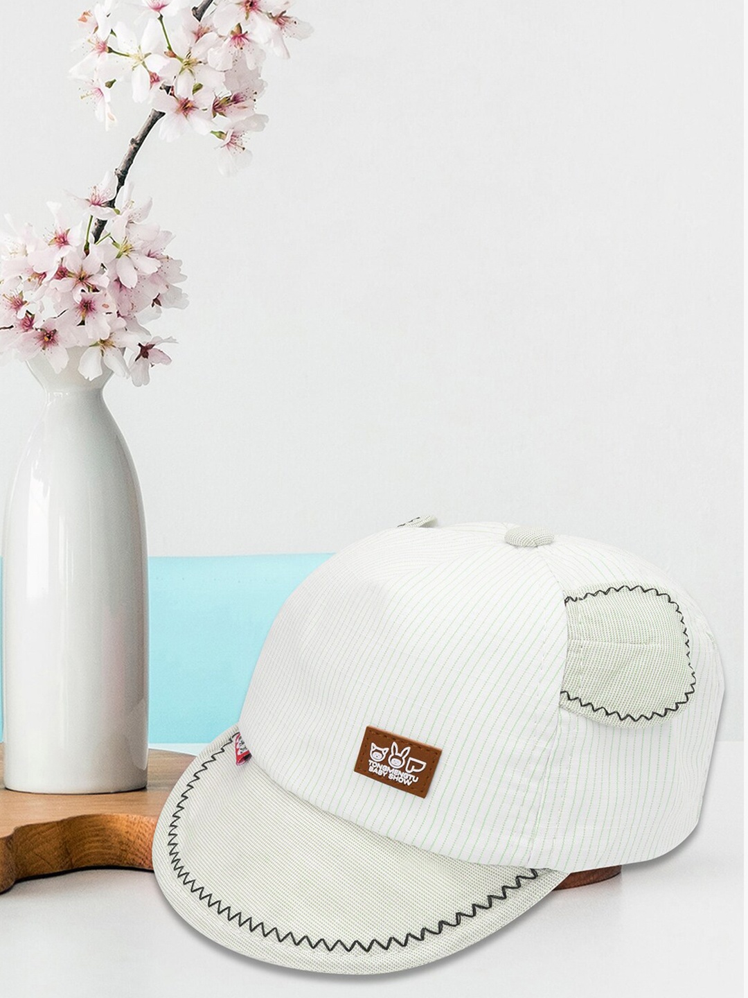 

POKORY Kids Off-White & Green Striped Cotton Snapback Cap