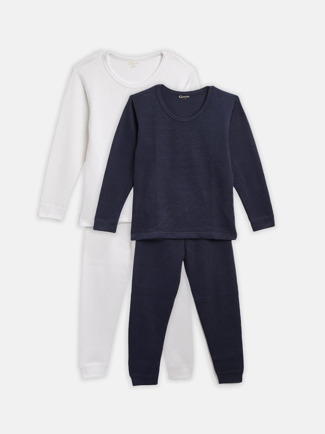 

Kanvin Boys White & Navy Blue Set Of 2 Self Striped Thermal Set