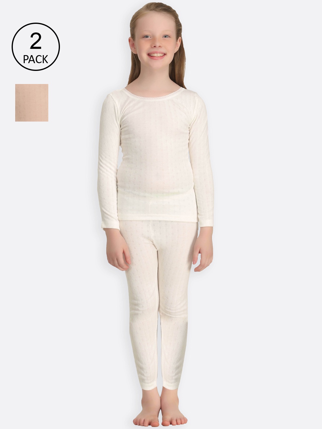 

Kanvin Girls White & Beige Pack of 2 Solid Thermal Set
