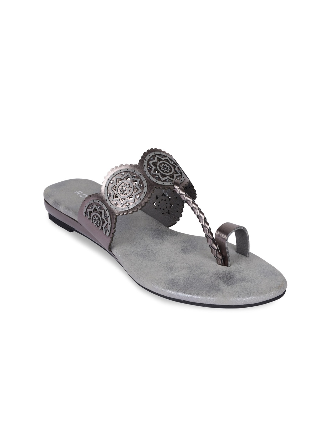 

Rocia Women Gunmetal-Toned Ethnic One Toe Flats with Laser Cuts, Metallic