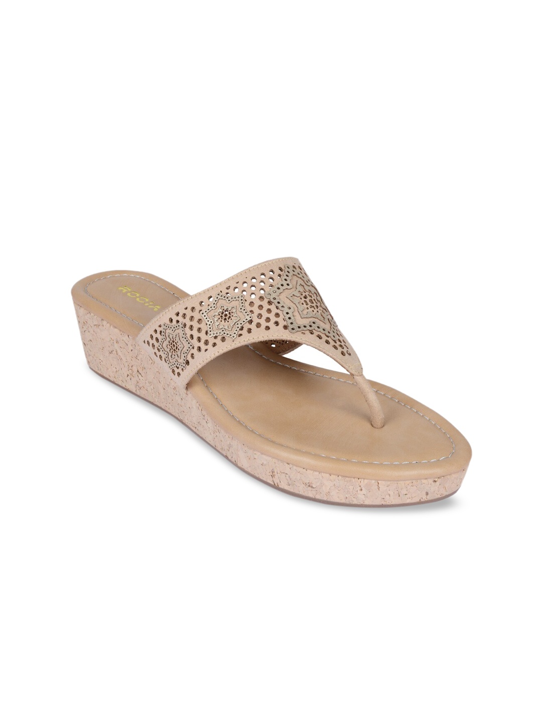 

Rocia Beige Embellished Flatform Sandals with Laser Cuts