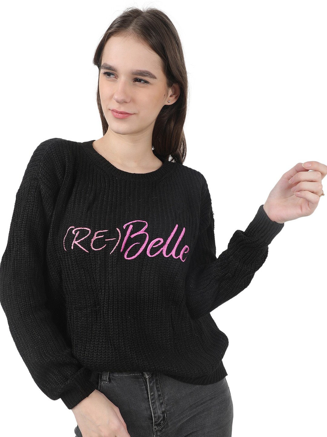 

NoBarr Women Black & Pink Typography Acrylic Pullover